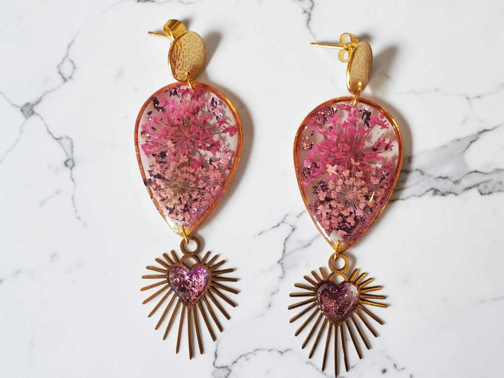 Boucles d’Oreilles Résine Gouttes & Cœur Rose