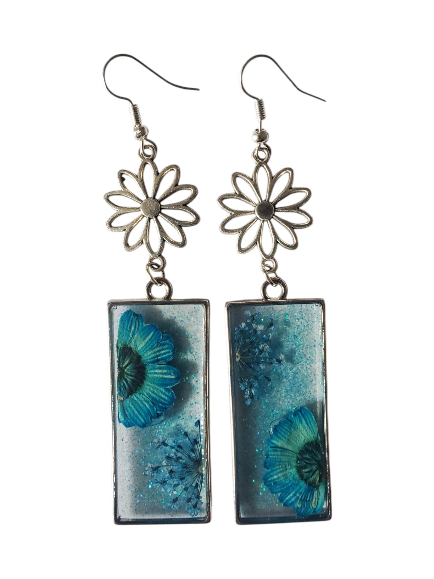 Boucles d'oreilles avec fleurs séchées et paillettes bleues